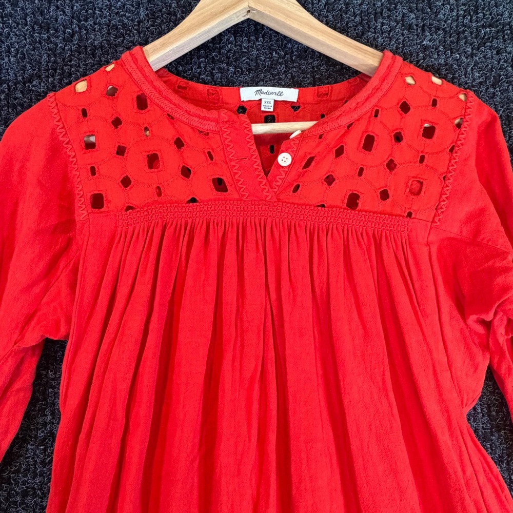 Madewell Red Eyelet Lace Yoke Linen Blend Shift Dress F0952 XXS Boho Long Sleeve